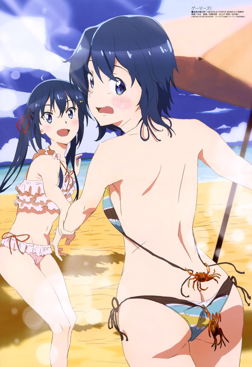 2girls, :d, ass, beach, bikini, bikini_pull, black_hair, blue_eyes, breasts, china_(animator), day, frilled_bikini, frills, gamers!, hair_between_eyes, hair_ornament, hair_ribbon, highres, hoshinomori_chiaki, hoshinomori_konoha, looking_back, medium_breasts, multiple_girls, ocean, open_mouth, outdoors, red_ribbon, ribbon, short_hair, side-tie_bikini, sideboob, sky, smile, standing, swimsuit, twintails, untied, untied_bikini, white_bikini