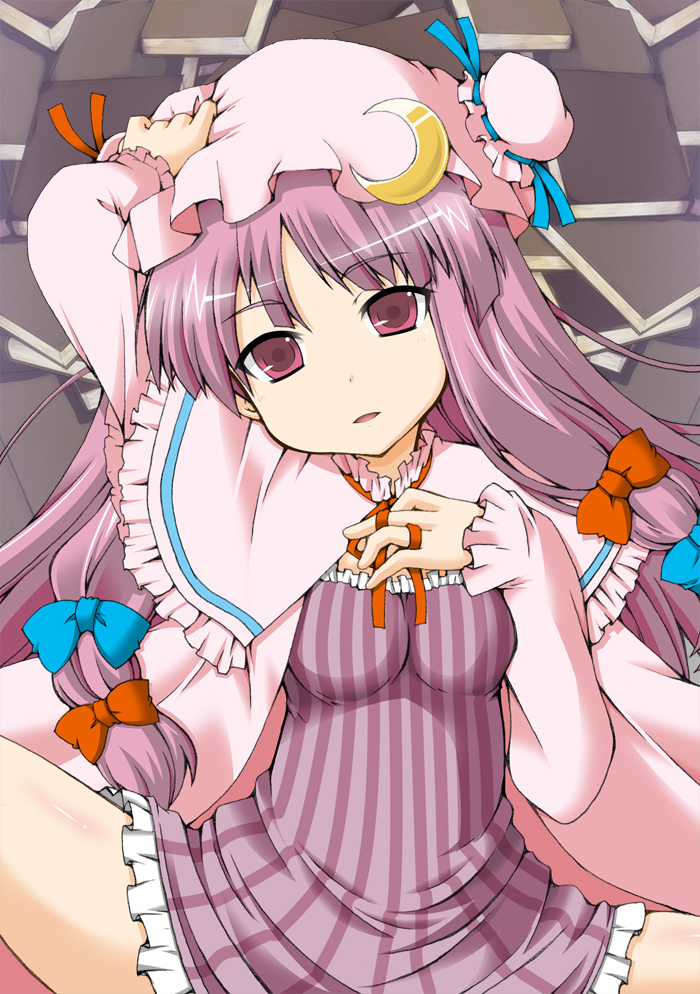 hat, izuko, long_hair, patchouli_knowledge, purple_eyes, purple_hair, ribbon, spread_legs