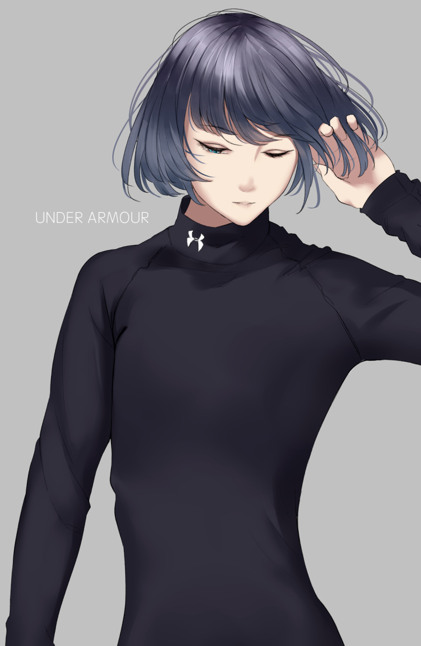 bangs, bob_cut, eyebrows_visible_through_hair, green_eyes, grey_background, grey_hair, half-closed_eye, hand_in_hair