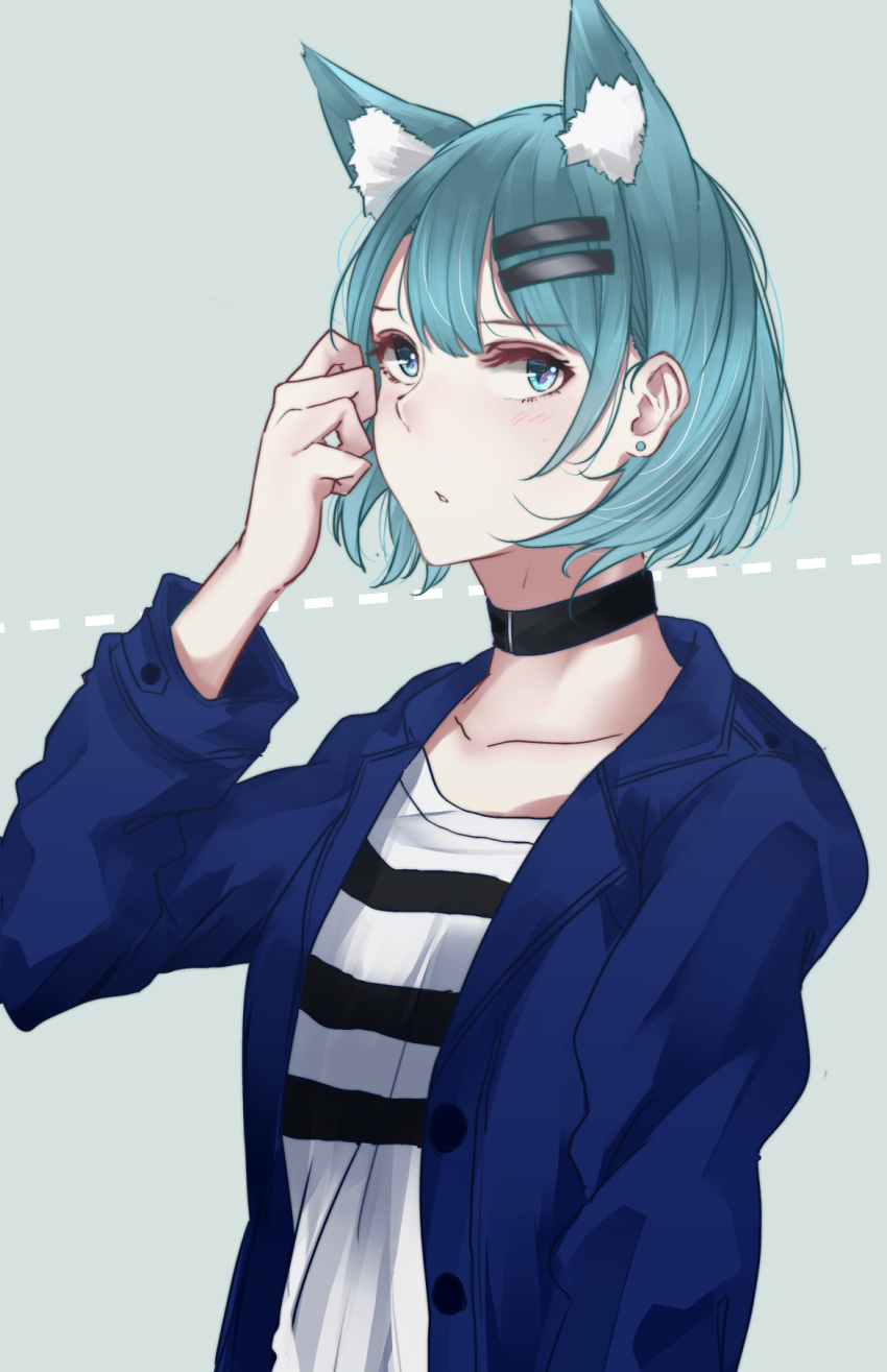 1girl, animal_ears, aqua_hair, bangs, blue_eyes, blush, bob_cut, cat_ears