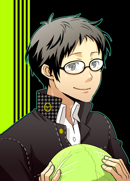 adachi_tohru, bespectacled, black_hair, cabbage, glasses, male, persona, persona_4