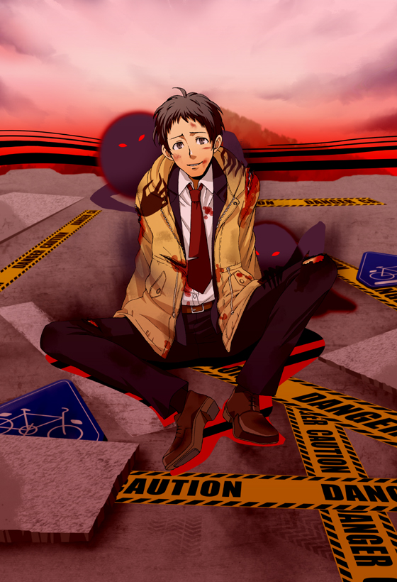 adachi_tohru, black_hair, blood, male, monster, necktie, persona, persona_4, police_tape, shadow, shadow_(persona), sumi_(pixiv), sumii_(fumiki7), torn_clothes