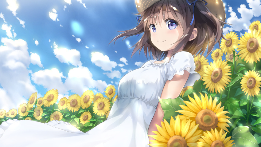 1girl, blue_eyes, blue_ribbon, blush, breasts, brown_hair, closed_mouth, dress