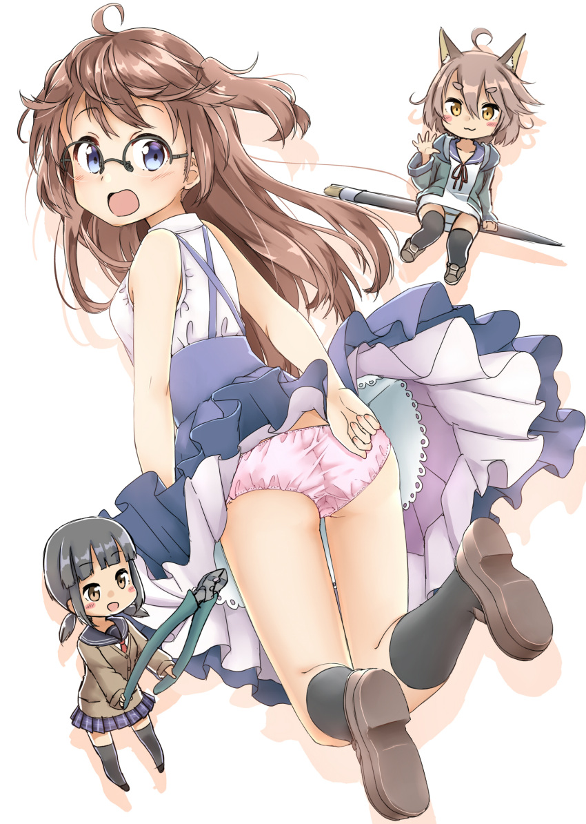 3girls, :3, :d, :o, ahoge, amemiya_sekira, animal_ears, aqua_jacket, art_brush, bangs, bare_arms, bare_shoulders, black-framed_eyewear, black_hair, black_legwear, blue_eyes, blue_skirt, blunt_bangs, blush, blush_stickers, brown_eyes, brown_hair, brown_shoes, cardigan, chibi, collared_shirt, commentary_request, dress, eyebrows_visible_through_hair, fox_ears, glasses, hair_between_eyes, hand_up, high-waist_skirt, highres, holding, jacket, kneehighs, loafers, long_hair, looking_at_viewer, looking_back, low_twintails, multiple_girls, neck_ribbon, necktie, open_clothes, open_jacket, open_mouth, original, over-rim_glasses, paintbrush, panties, pantyshot, pantyshot_(sitting), pink_panties, pleated_skirt, pliers, red_necktie, red_ribbon, ribbon, sailor_dress, school_uniform, sekira_ame, semi-rimless_glasses, serafuku, shirt, shoes, short_hair, sidelocks, simple_background, sitting, skirt, skirt_lift, sleeveless, sleeveless_shirt, smile, standing, suspender_skirt, suspenders, thick_eyebrows, thigh-highs, twintails, two_side_up, underwear, waving, white_background, white_dress, white_panties, white_shirt, wind, wind_lift, yellow_eyes, yukimura_kabosu