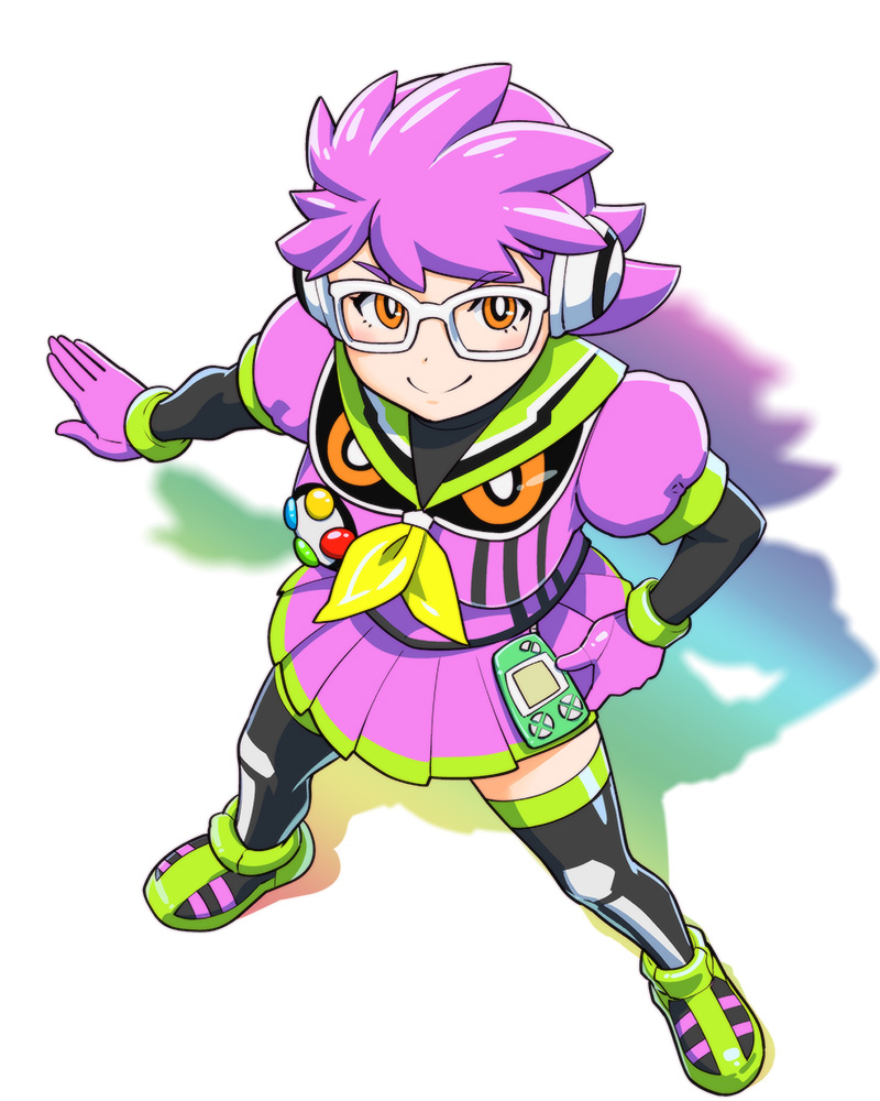 1girl, commentary_request, female, genderswap, genderswap_(mtf), glasses, handheld_game_console, kamen_rider, kamen_rider_ex-aid, kamen_rider_ex-aid_(series), mighty_action_x_level_2, rider-tan, school_uniform, serafuku, solo, ueyama_michirou, wonderswan