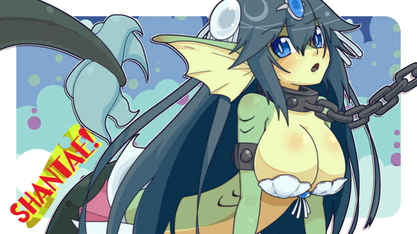 1girl, blue_eyes, blue_hair, breasts, chains, cleavage, forehead_jewel, giantess