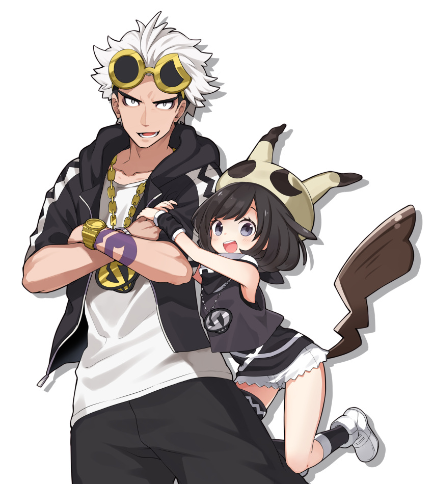 1boy, 1girl, :d, absurdres, arm_tattoo, baggy_pants, black_hair, blush