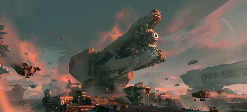 cannon, chenxi_kang, clouds, cloudy_sky, flying, forklift, highres, megastructure