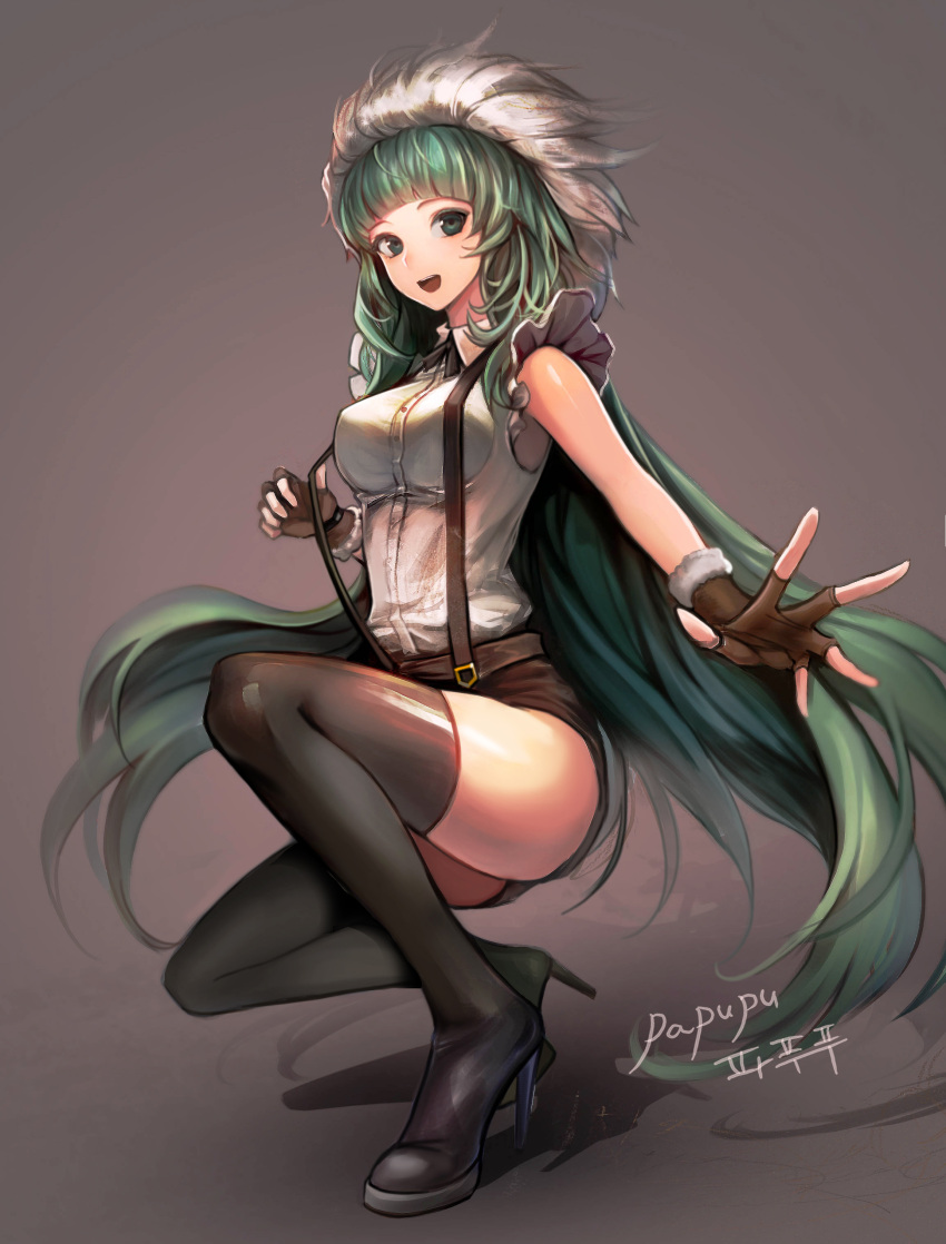 1girl, absurdres, artist_name, black_legwear, blush, breasts, brown_gloves, dungeon_and_fighter