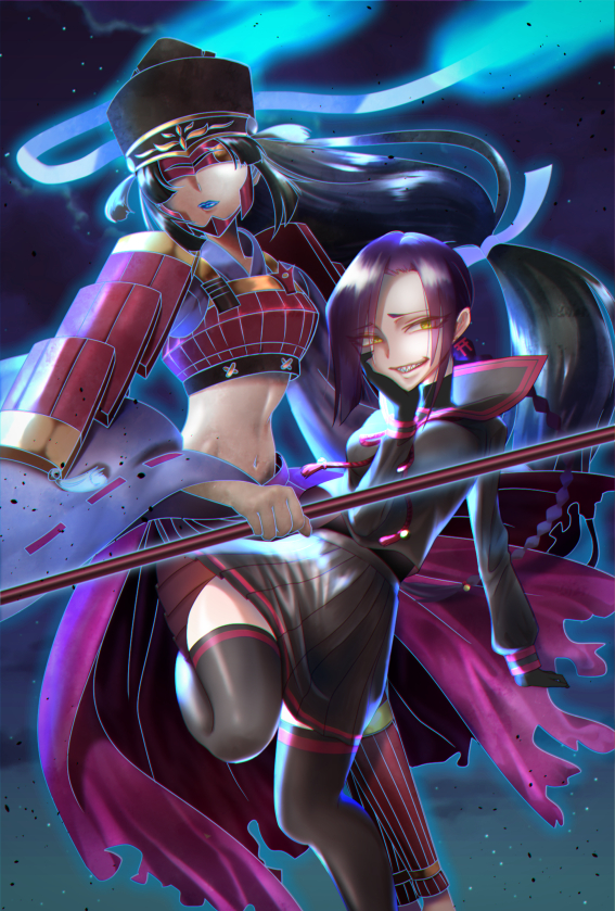 2girls, afterall2525, armor, bad_anatomy, black_gloves, black_hair, black_legwear, black_skirt, braid, chikujouin_magane, covered_eyes, gloves, hangaku_(re:creators), japanese_armor, long_hair, looking_at_viewer, low-tied_long_hair, midriff, multiple_girls, re:creators, school_uniform, serafuku, sharp_teeth, skirt, staff, standing, standing_on_one_leg, teeth, thigh-highs, twisted_torso
