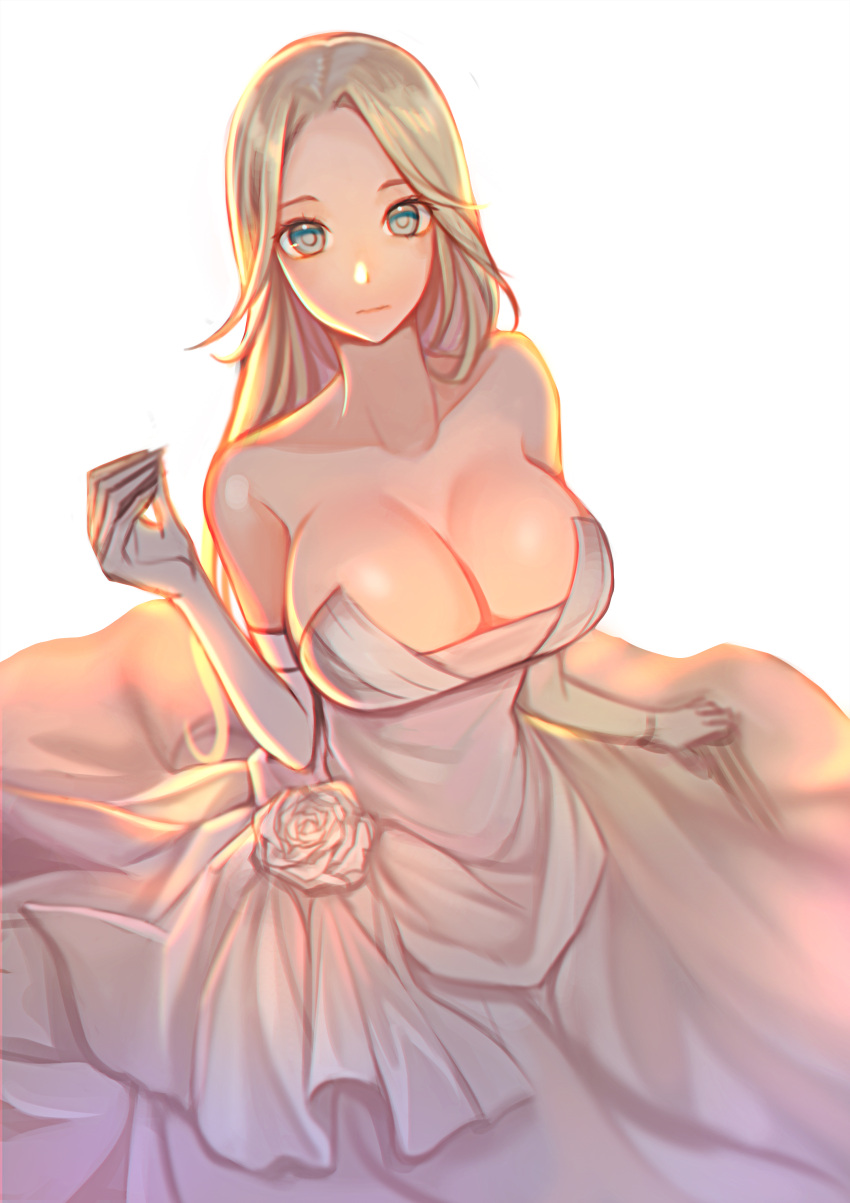 1girl, absurdres, bare_shoulders, blonde_hair, blush, breasts, cleavage, closed_mouth