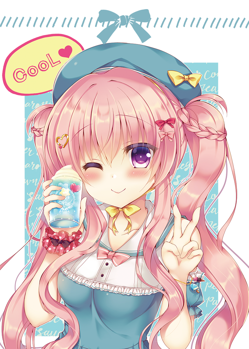1girl, bangs, bare_shoulders, beret, blush, bow, bracelet, braid, closed_mouth, collarbone, detached_sleeves, english, eyebrows_visible_through_hair, food_themed_bracelet, frozen_yogurt, green_hat, green_shirt, hair_between_eyes, hair_bow, hair_ornament, hand_up, hat, hat_bow, heart, heart_hair_ornament, holding, jewelry, lilia_chocolanne, long_hair, looking_at_viewer, one_eye_closed, original, pink_bow, pink_hair, polka_dot, red_bow, red_scrunchie, scrunchie, shiny, shiny_hair, shirt, sidelocks, smile, solo, star, suzune_rena, twintails, upper_body, v, violet_eyes, wrist_scrunchie, yellow_bow