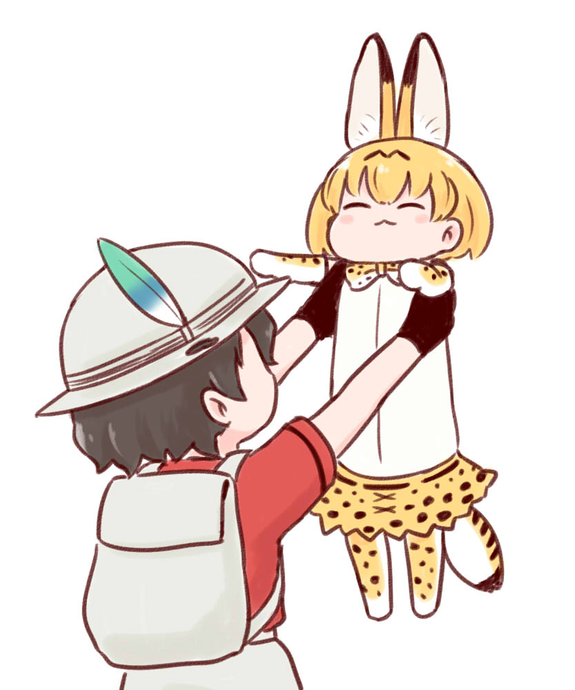 2girls, :3, animal_ears, backpack, bag, batta_(ijigen_debris), black_hair, blonde_hair