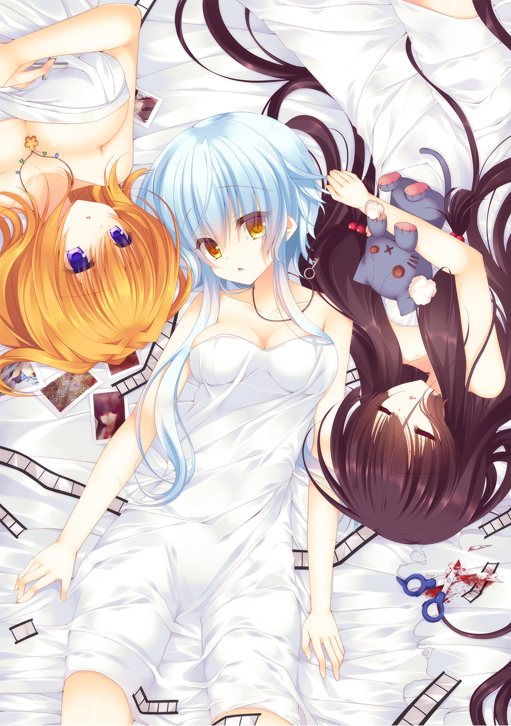 3girls, :o, bangs, bare_arms, bare_shoulders, bed_sheet, blood, blue_hair