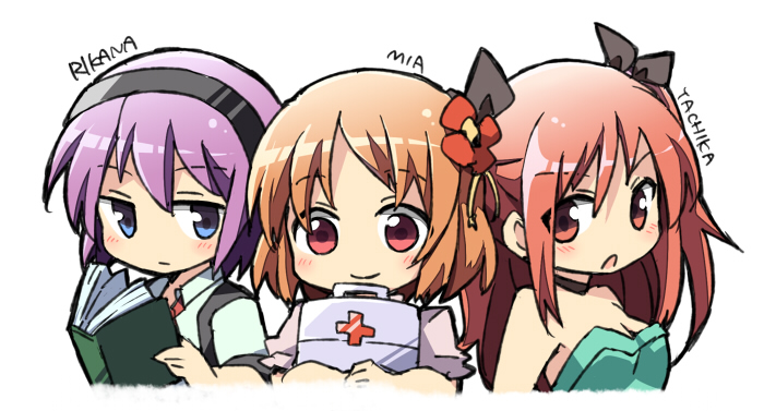 00tea, 3girls, bare_shoulders, blue_eyes, blush, book, brown_hair, character_name, chibi, fukai_ni_nemuru_oujo_no_abaddon, hino_yachika, long_hair, looking_at_viewer, mizuishi_rikana, multiple_girls, purple_hair, red_eyes, redhead, short_hair, simple_background, smile, suzumori_mia, white_background