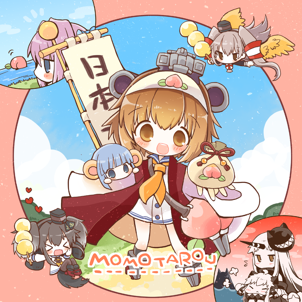 >:<, >_<, 6+girls, :d, amatsukaze_(kantai_collection), bag, banner, blue_eyes