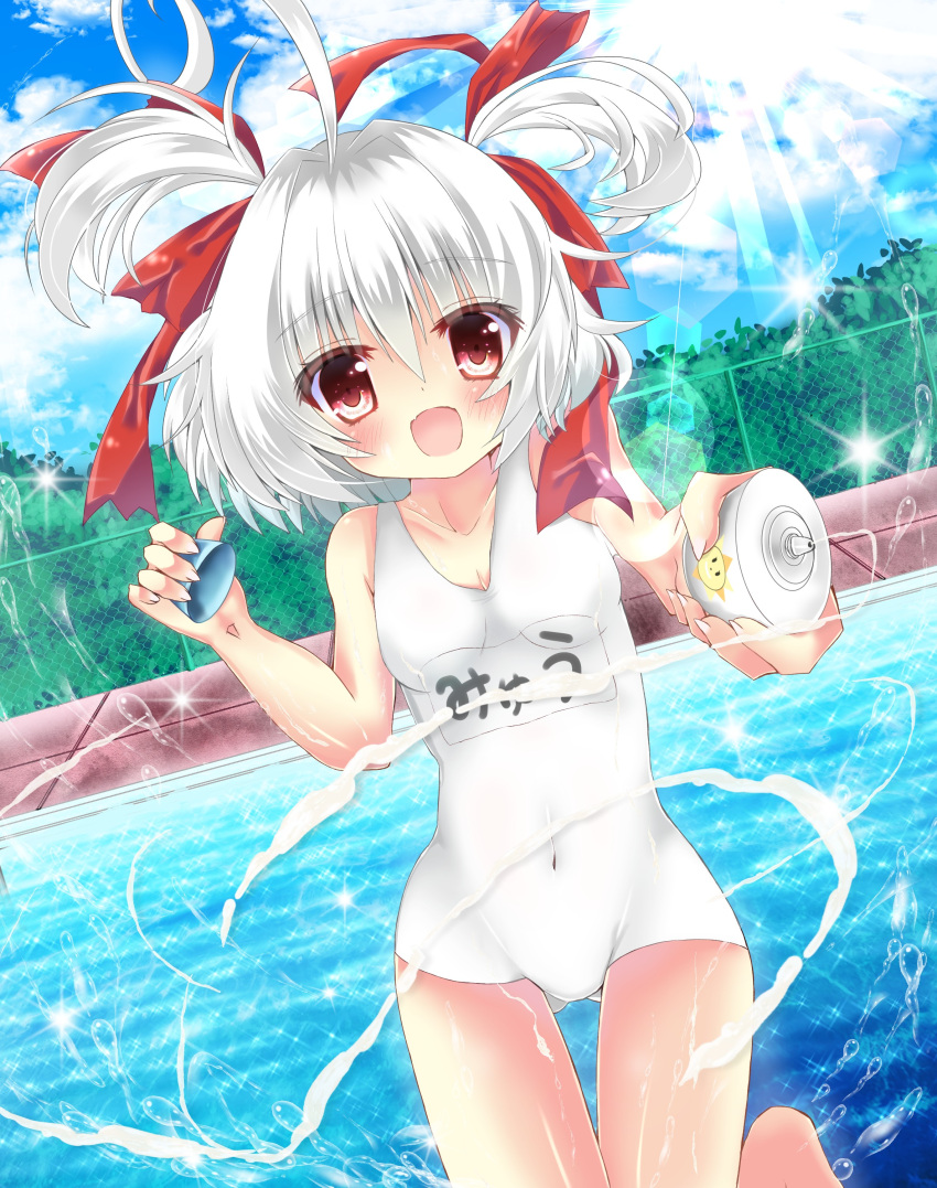 1girl, :d, absurdres, clothes_writing, clouds, collarbone, covered_navel, day, dutch_angle, evo_grim, fence, funakoshi, gluteal_fold, grim_myu, hair_between_eyes, highres, lens_flare, looking_at_viewer, lotion, open_mouth, outdoors, pool, quiz_magic_academy, red_eyes, school_swimsuit, short_hair, short_twintails, skin_tight, sky, smile, solo, sun, sunscreen, swimsuit, thigh_gap, twintails, water, water_drop, white_hair, white_school_swimsuit, white_swimsuit