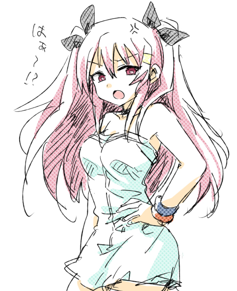 00tea, 1girl, anger_vein, bare_shoulders, fukai_ni_nemuru_oujo_no_abaddon, hand_on_hip, hino_yachika, long_hair, open_mouth, pink_hair, simple_background, sketch, solo, translation_request, white_background