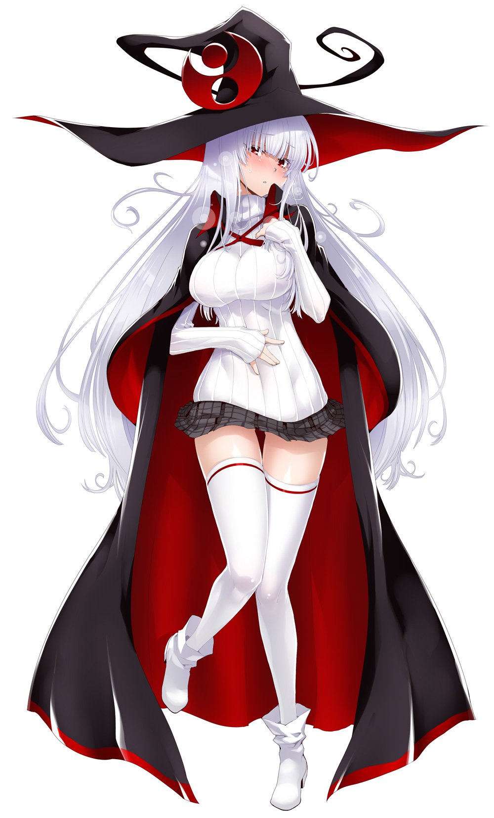 1girl, blush, boots, breasts, breath, cape, evo_grim, female
