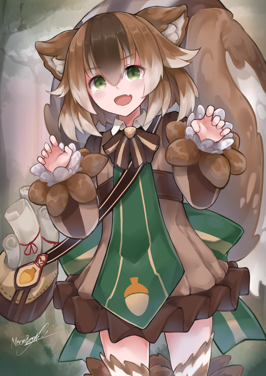 1girl, absurdres, acorn, animal_ears, bag, bangs, blush, brown_dress