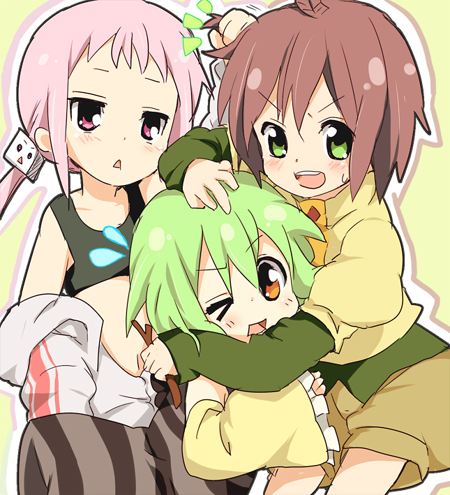 3girls, :<, bad_id, hair_grab, hug, kl-chan, maruki_(punchiki), mono_(character)