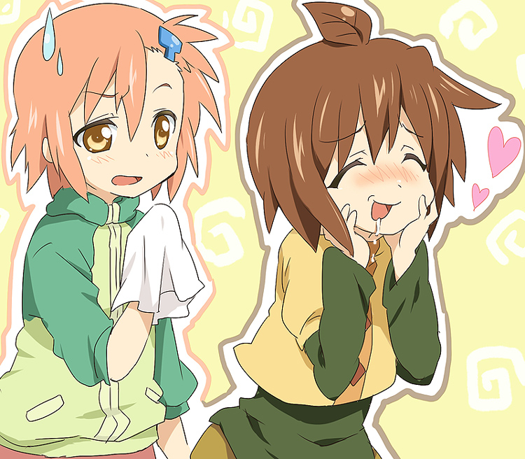 2girls, bad_id, blush, closed_eyes, clothed, handkerchief, heart, maruki_(punchiki)
