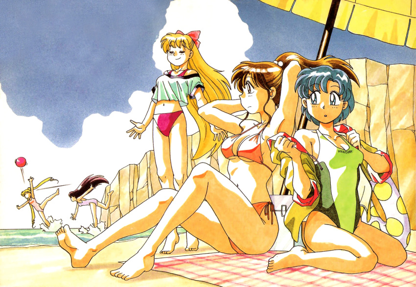 5girls, 90s, aino_minako, azuma_kiyohiko, ball, barefoot, beach, beach_umbrella