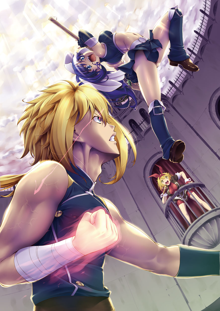 1boy, 2girls, action, arched_back, arena, bare_shoulders, battle, blonde_hair, blue_eyes, blue_hair, bouncing_breasts, breasts, bunny_(quiz_magic_academy), bustier, clenched_hand, clenched_teeth, clouds, fighting_stance, hairband, highres, jon_shicchiou, jumping, long_hair, medium_breasts, microphone, midriff, miniskirt, multiple_girls, open_mouth, ponytail, quiz_magic_academy, rick_(quiz_magic_academy), skirt, sky, teeth, thigh-highs, veins, yuri_(quiz_magic_academy)