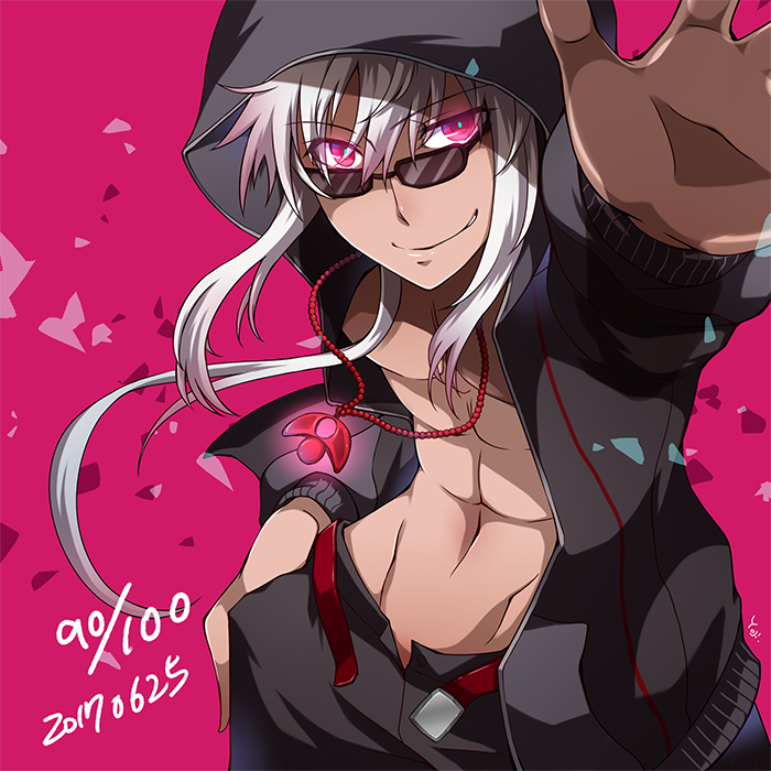 1boy, abs, belt, black_pants, dated, evo_grim, grim_rick, hood