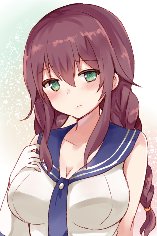 1girl, blush, braid, breasts, brown_hair, chiune_(yachi), cleavage, commentary_request