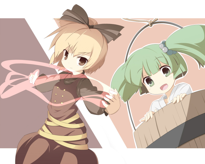 bucket, green_hair, in_bucket, in_container, kisume, kurodani_yamame, machily, miko_machi