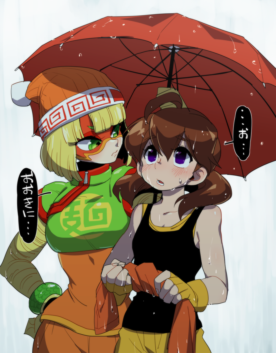 2girls, ahoge, arms_(game), beanie, blonde_hair, brown_hair, domino_mask, gloves