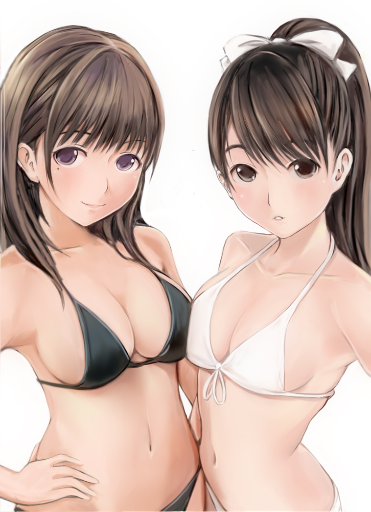 2girls, anegasaki_nene, bikini, black_bikini, black_hair, blush, breasts, brown_eyes