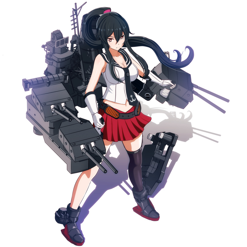 1girl, anchor_symbol, black_hair, black_legwear, breasts, brown_eyes, cannon, cleavage
