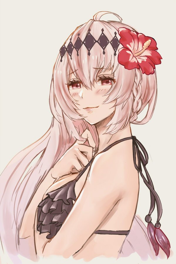 1girl, bikini, blush, braid, breasts, chabo213, dark_jeanne, flower