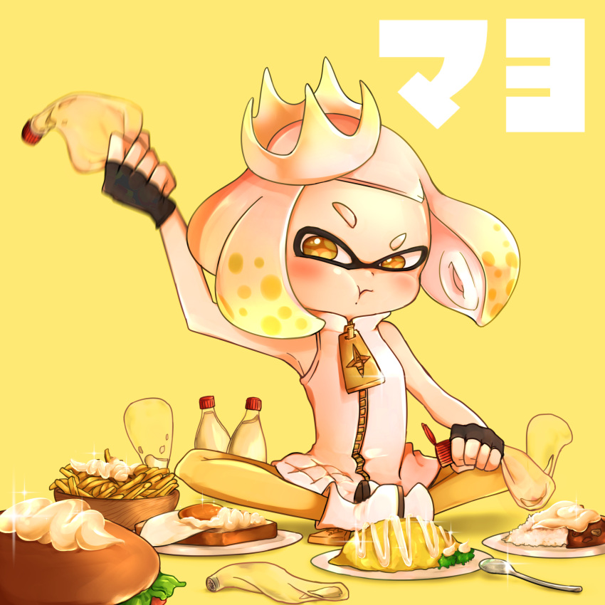 absurdres, blush, curry, domino_mask, egg, fingerless_gloves, food, french_fries
