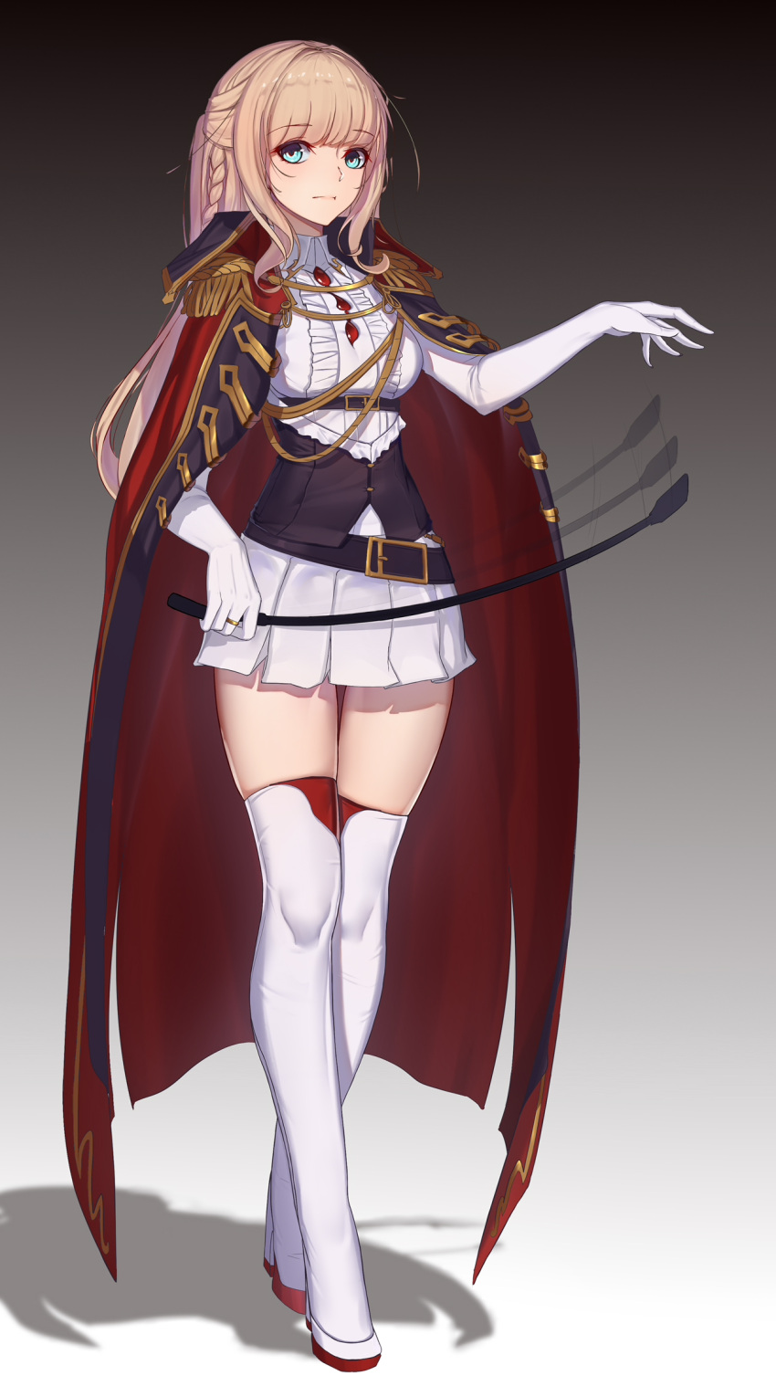 1girl, aiguillette, bangs, belt, blonde_hair, blouse, blue_eyes, braid, cloak, closed_mouth, corset, elbow_gloves, epaulettes, eyebrows_visible_through_hair, flats, gloves, gradient, gradient_background, half_updo, hand_up, highres, holding, langya_beike, lbush, long_hair, looking_at_viewer, military, military_uniform, original, pleated_skirt, ponytail, riding_crop, sidelocks, skirt, solo, standing, thigh-highs, uniform, white_blouse, white_gloves, white_legwear, white_skirt