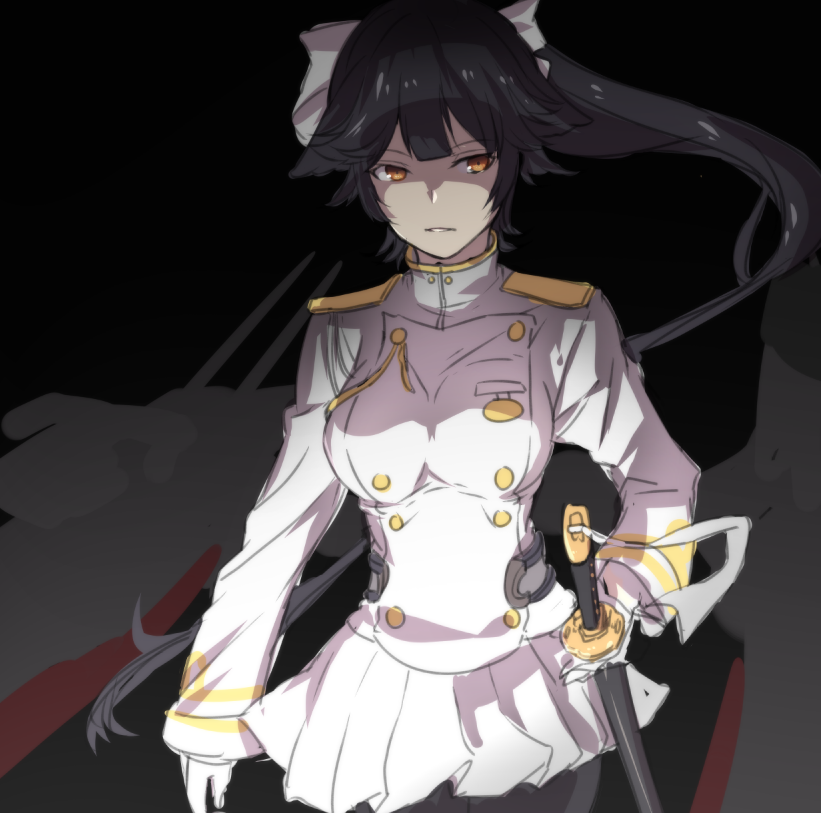 1girl, bangs, bilan_hangxian, black_background, black_hair, black_legwear, bow, breasts