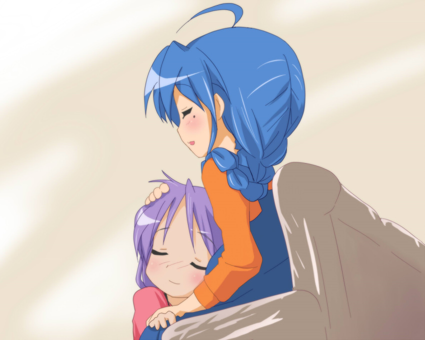 2girls, ahoge, blue_hair, blush, braid, closed_eyes, closed_mouth, couch