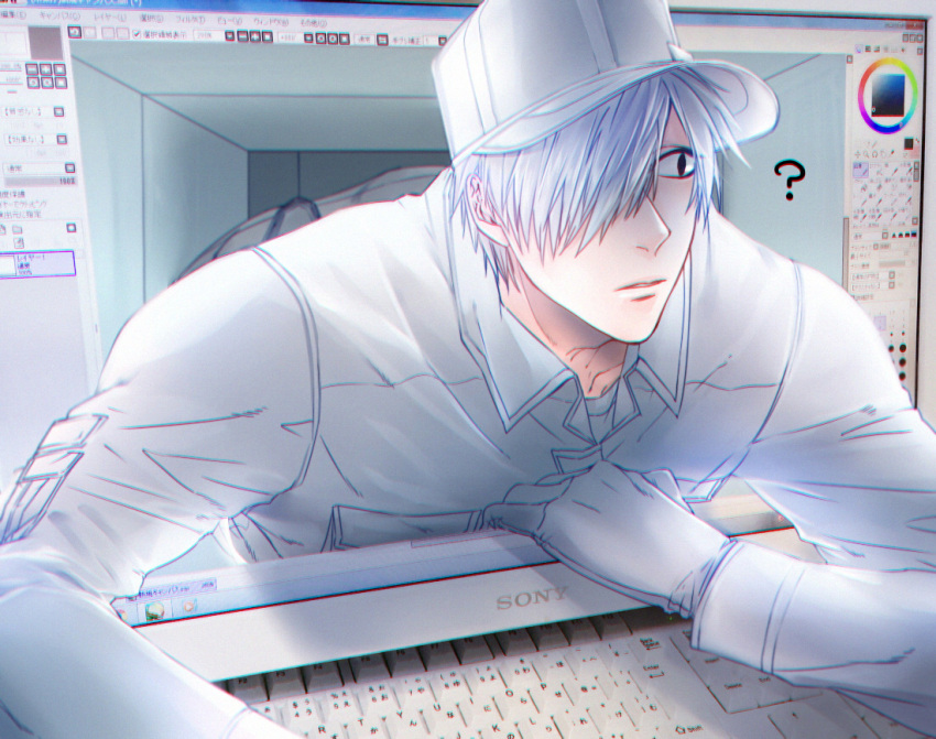 1boy, ?, bou_(maimoca501), computer, computer_keyboard, fourth_wall, gloves, hair_over_one_eye, hat, hataraku_saibou, monitor, neutrophil, short_hair, solo, sony, through_screen, u-1146, uniform, white_blood_cell, white_hair