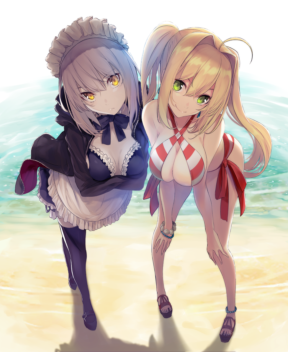 2girls, ahoge, anklet, apron, artoria_pendragon_(all), artoria_pendragon_(swimsuit_rider_alter)_(fate), bangs, beach