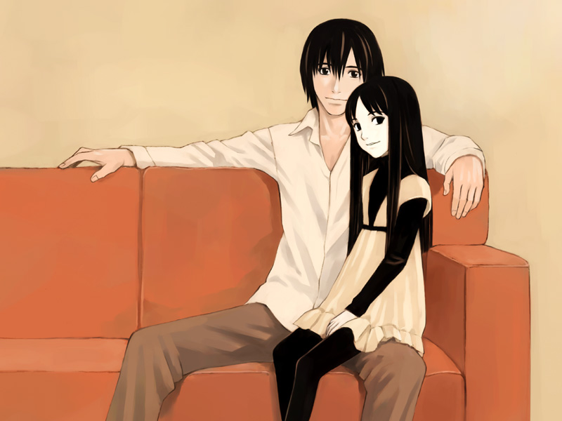 black_hair, blood_alone, child, couch, dress, kuroe_kurose, lap_sitting, long_hair