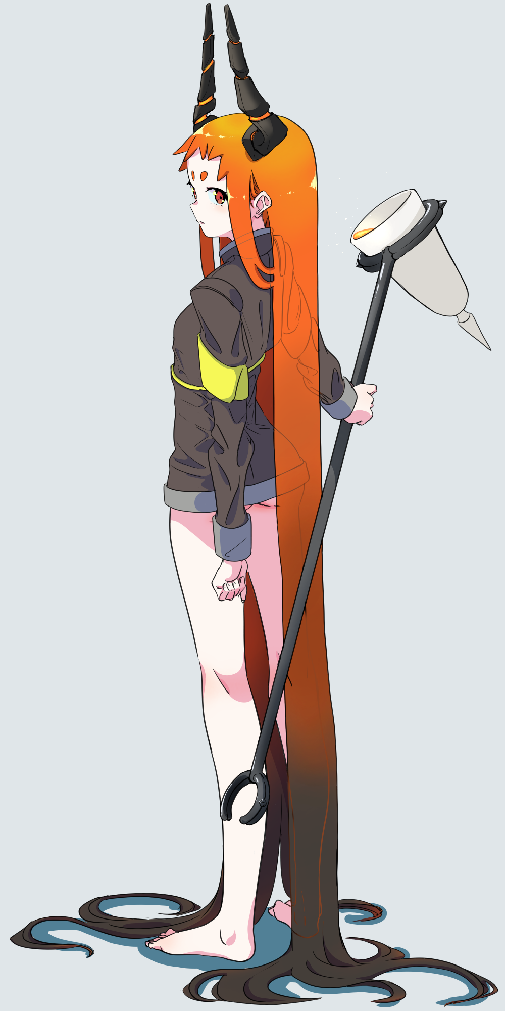 1girl, absurdly_long_hair, ass, black_hair, black_jacket, bottomless, bouen, gradient_hair, highres, horns, jacket, long_hair, looking_at_viewer, looking_back, multicolored_hair, open_mouth, orange_hair, original, see-through, sidelocks, solo, standing, thick_eyebrows, thighs, very_long_hair