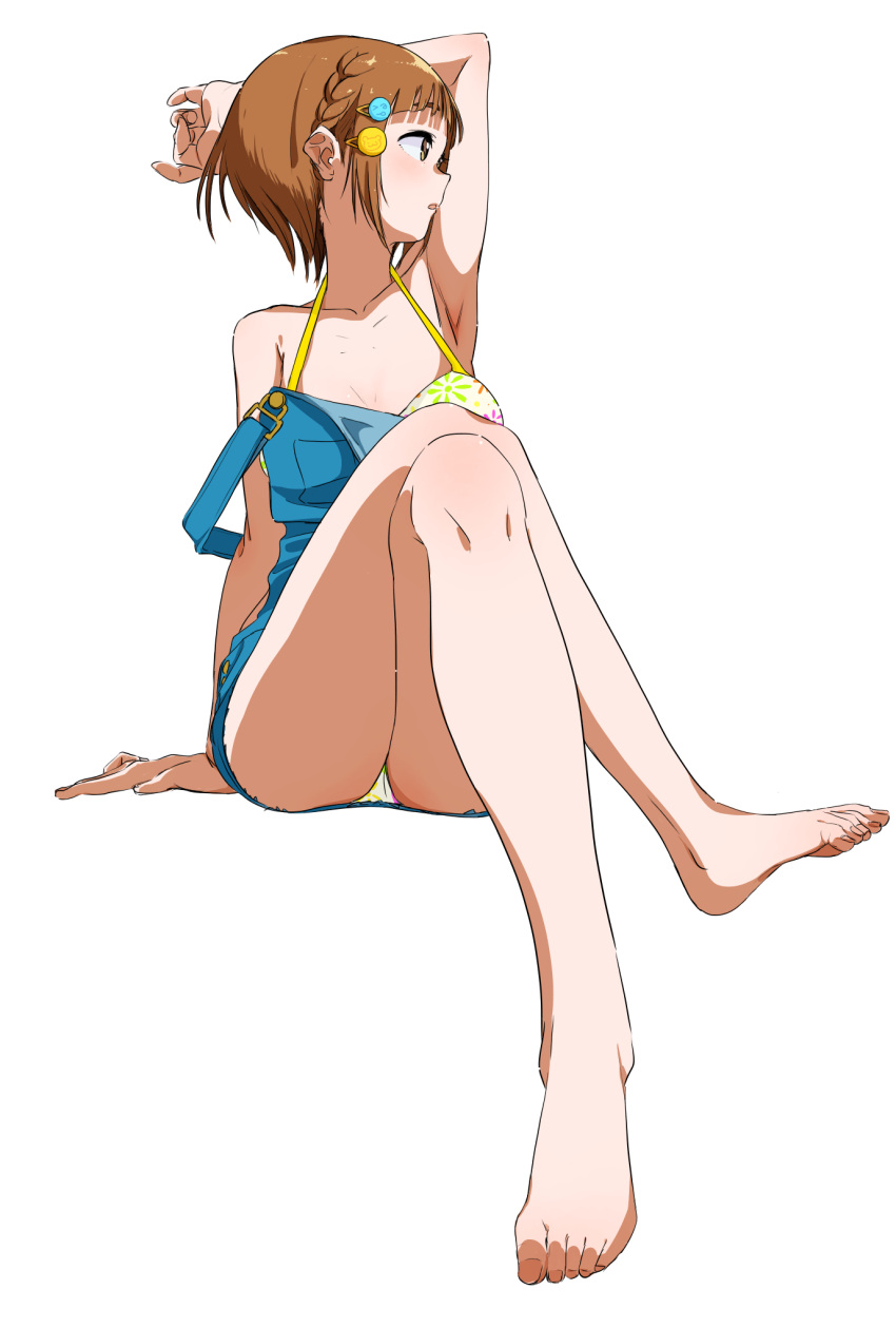 1girl, arm_up, armpits, badge, bangs, bare_legs, barefoot, bikini