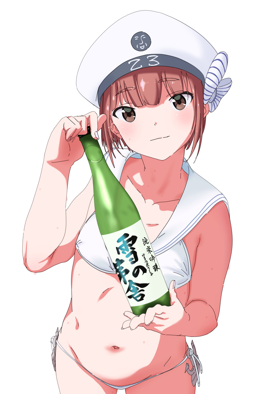 1girl, absurdres, anchor, bikini, bottle, bouen, brown_eyes, brown_hair