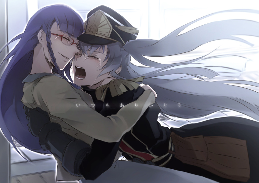 2girls, black_hat, black_uniform, blue_hair, blush, closed_eyes, couple, crying