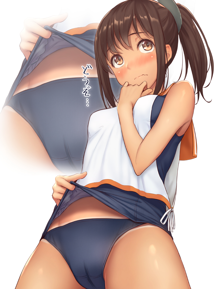 1girl, bikini_tan, bloomers, blue_panties, blue_swimsuit, blush, breasts, brown_eyes, brown_hair, closed_mouth, embarrassed, from_below, hand_on_own_chin, i-401_(kantai_collection), kantai_collection, kurowan, panties, ponytail, school_swimsuit, school_swimsuit_flap, simple_background, small_breasts, solo, standing, swimsuit, swimsuit_lift, tan, tanline, translated, underwear, upper_body, white_background, zoom_layer