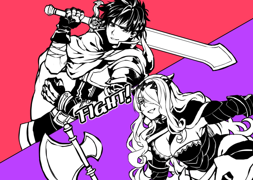 1boy, 1girl, armor, breasts, camilla_(fire_emblem_if), cape, cleavage, fire_emblem, fire_emblem:_rekka_no_ken, fire_emblem:_souen_no_kiseki, fire_emblem_heroes, fire_emblem_if, hair_between_eyes, headband, highres, ike, jin_(phoenixpear), long_hair, monochrome, ragnell, short_hair, simple_background, smile, wavy_hair, weapon