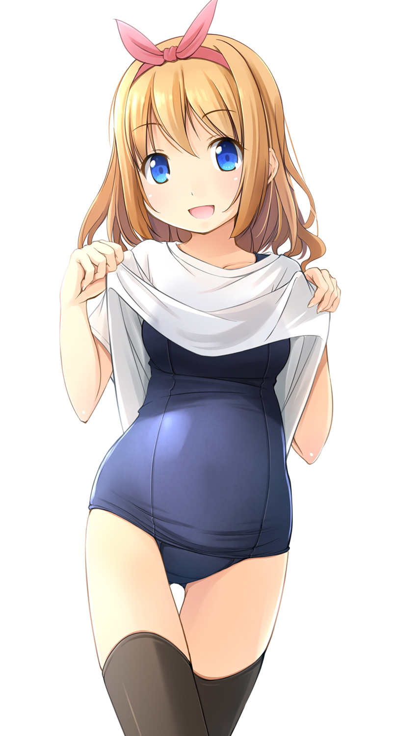 1girl, black_legwear, blonde_hair, blue_eyes, blue_swimsuit, cowboy_shot, eyebrows_visible_through_hair, gluteal_fold