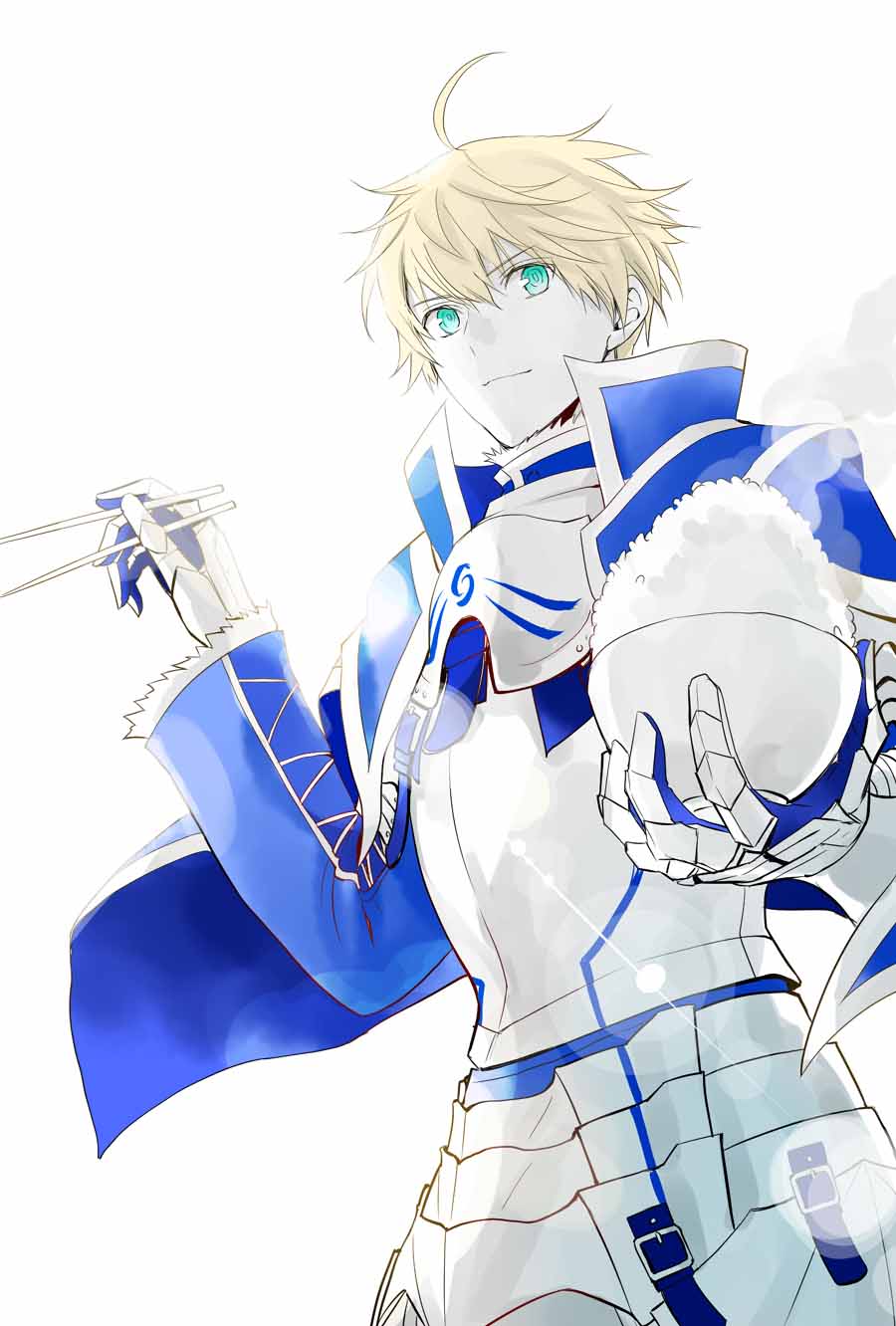 1boy, ahoge, armor, blonde_hair, bowl, breastplate, chopsticks, fate/grand_order